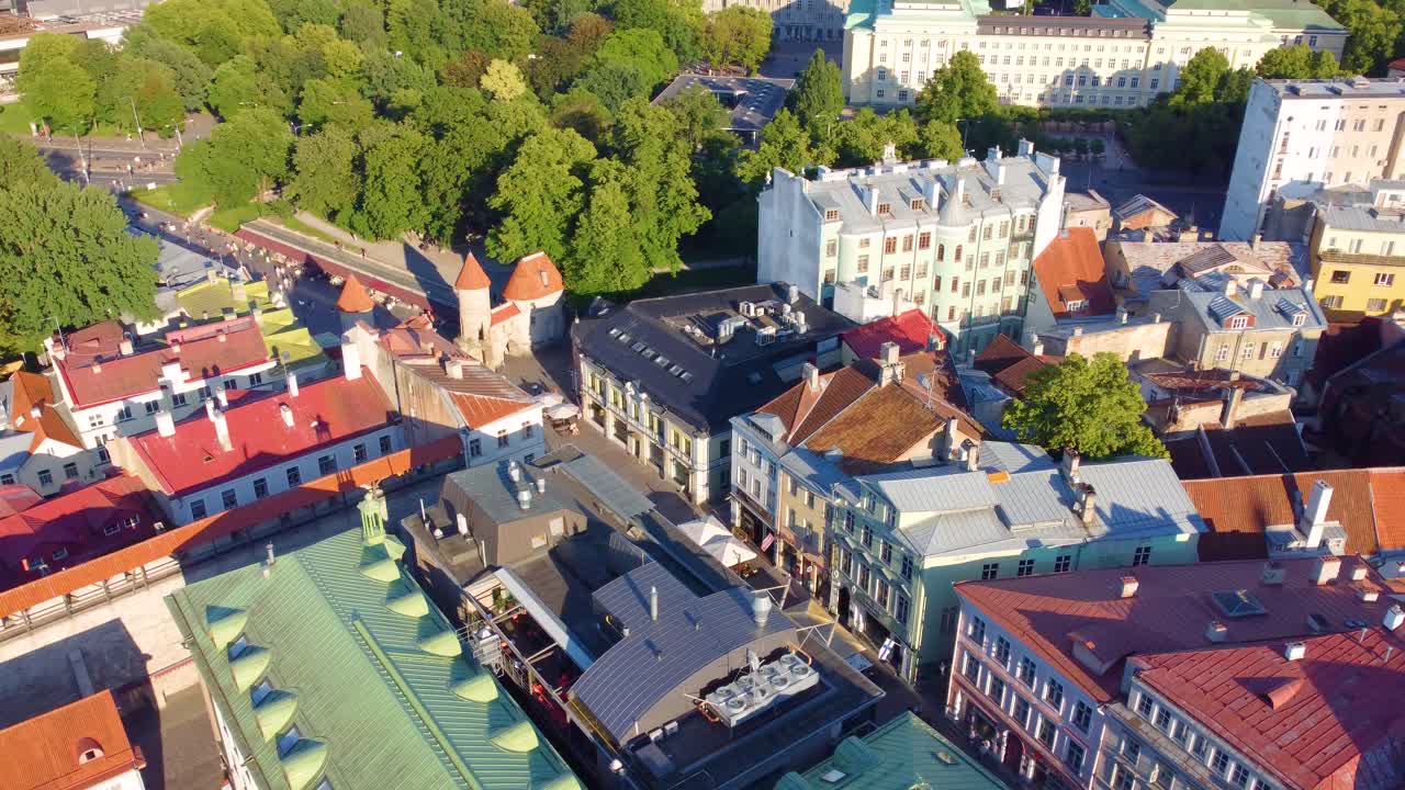 Aerial establishing orbit of Tallinn, Estonia, showcasing its iconic rooftops and lush green spaces, blending nature and architecture