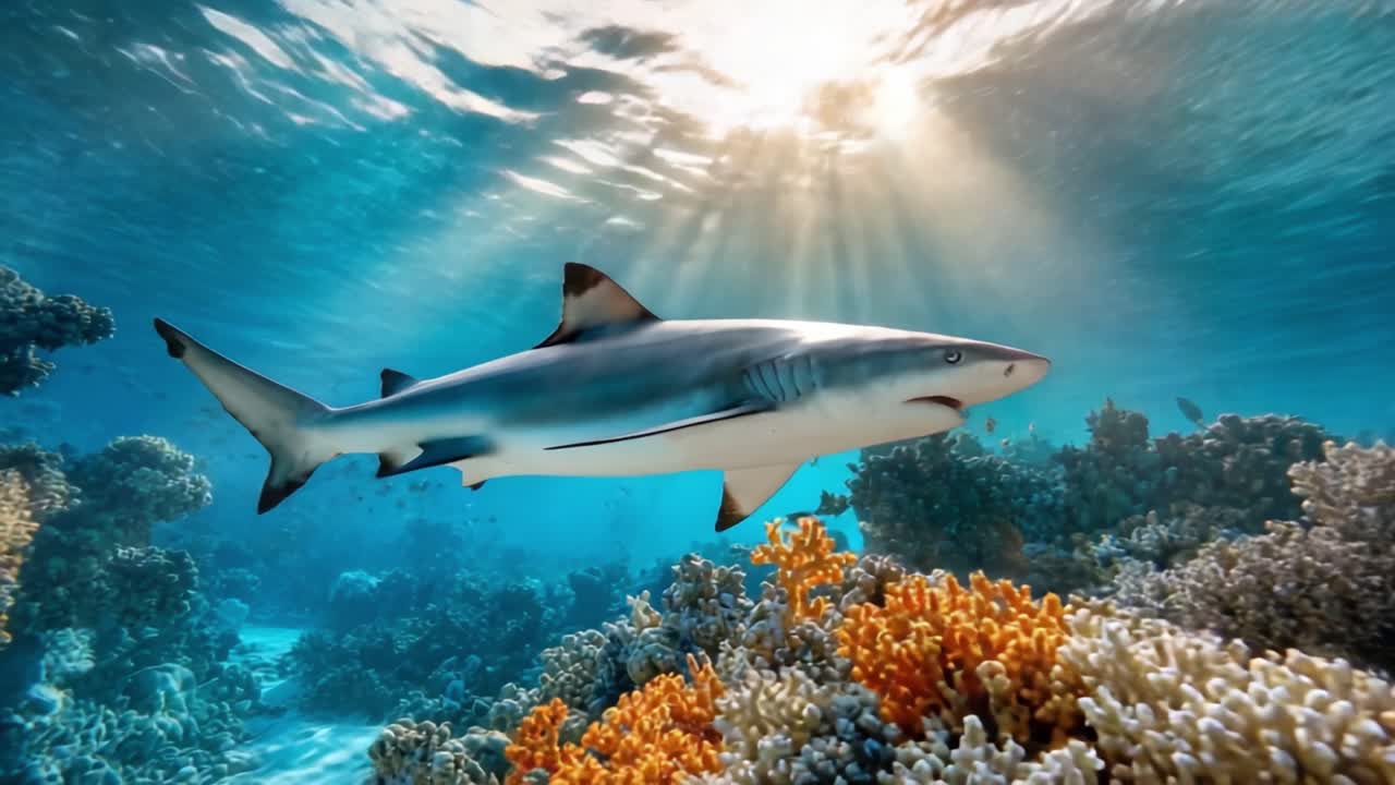 Captivating Underwater Encounter with a Majestic Shark Gliding Gracefully Through Vibrant Coral Reefs Surrounded by Breathtaking Sunlight and Marine Life