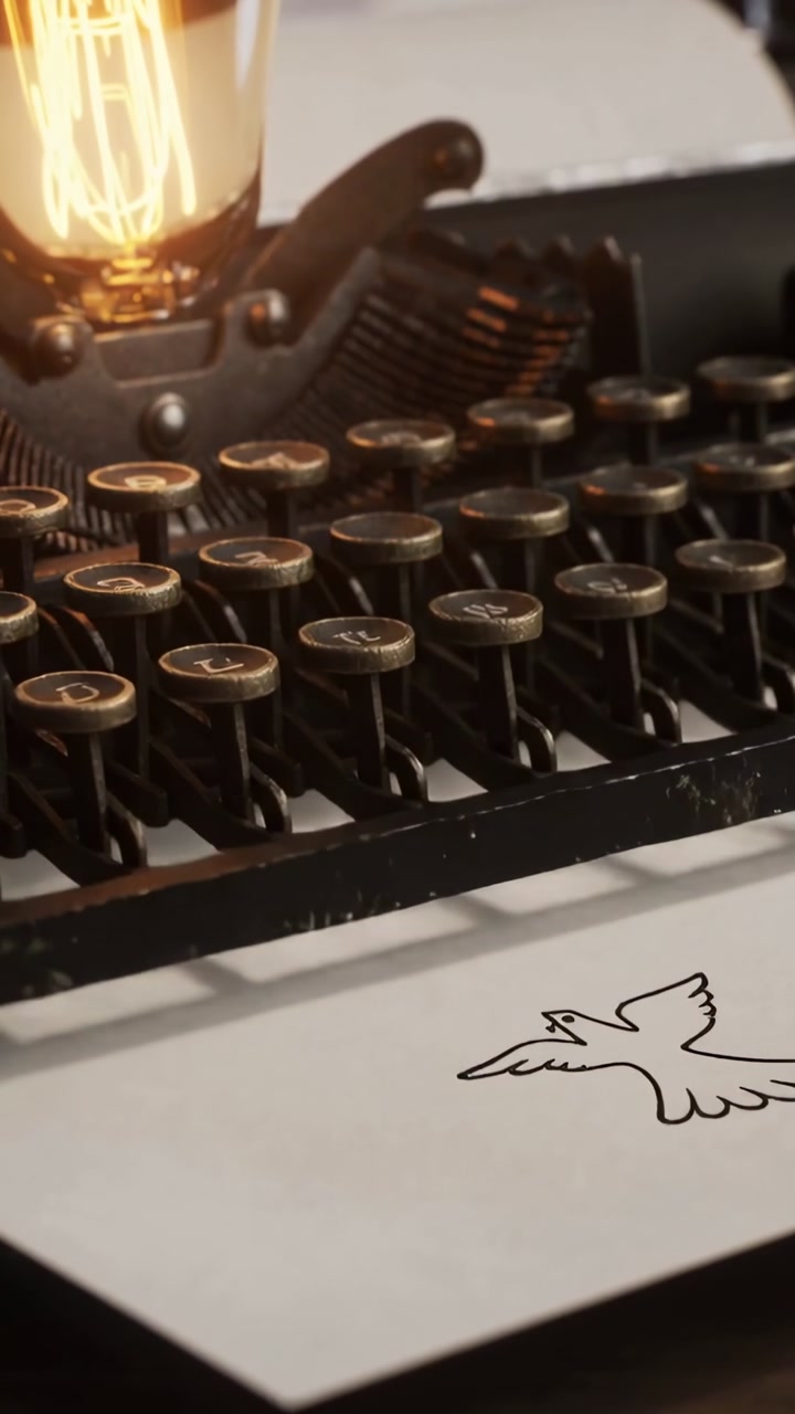 Vertical video: Panning camera revealing bird sketch under bulb, typewriter adding ink marks