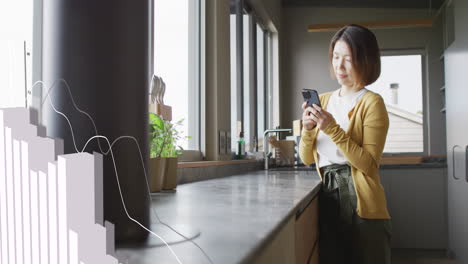 animation of statistical data processing against asian woman using smartphone in the kitchen at home