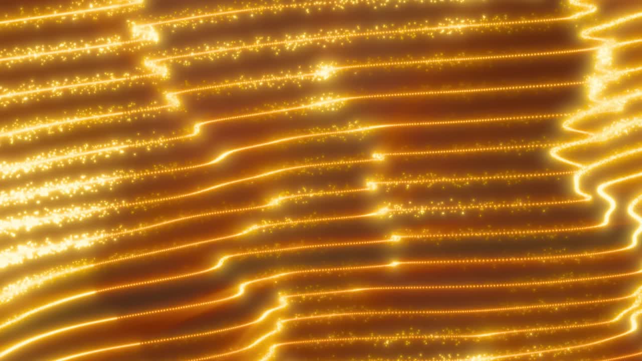 輝くオレンジ色の線ときらめく粒子のダイナミックな流れ
