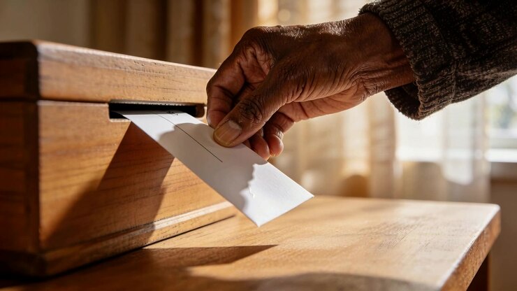 Sliding senior man's hand guiding white envelope into wooden box slot at window, with knit sleeve