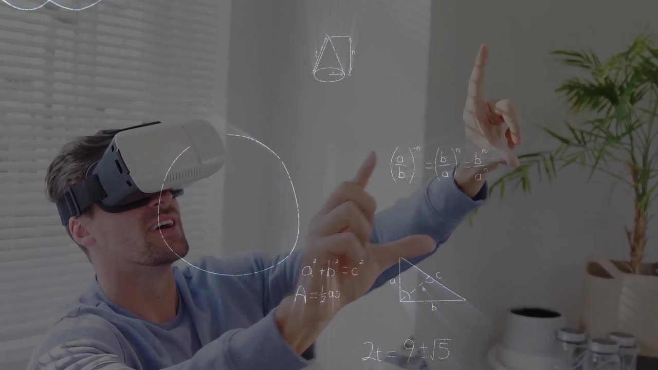Animation of mathematical drawings and equations over man wearing vr headset