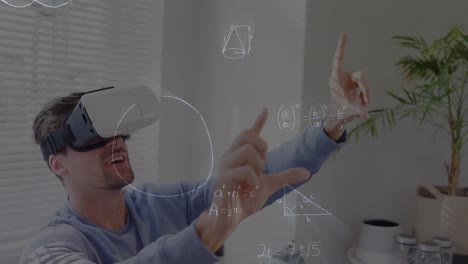 animation of mathematical drawings and equations over man wearing vr headset