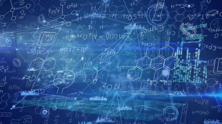 Animazione di punti collegati e icone di grafici su soluzioni e formule di fisica