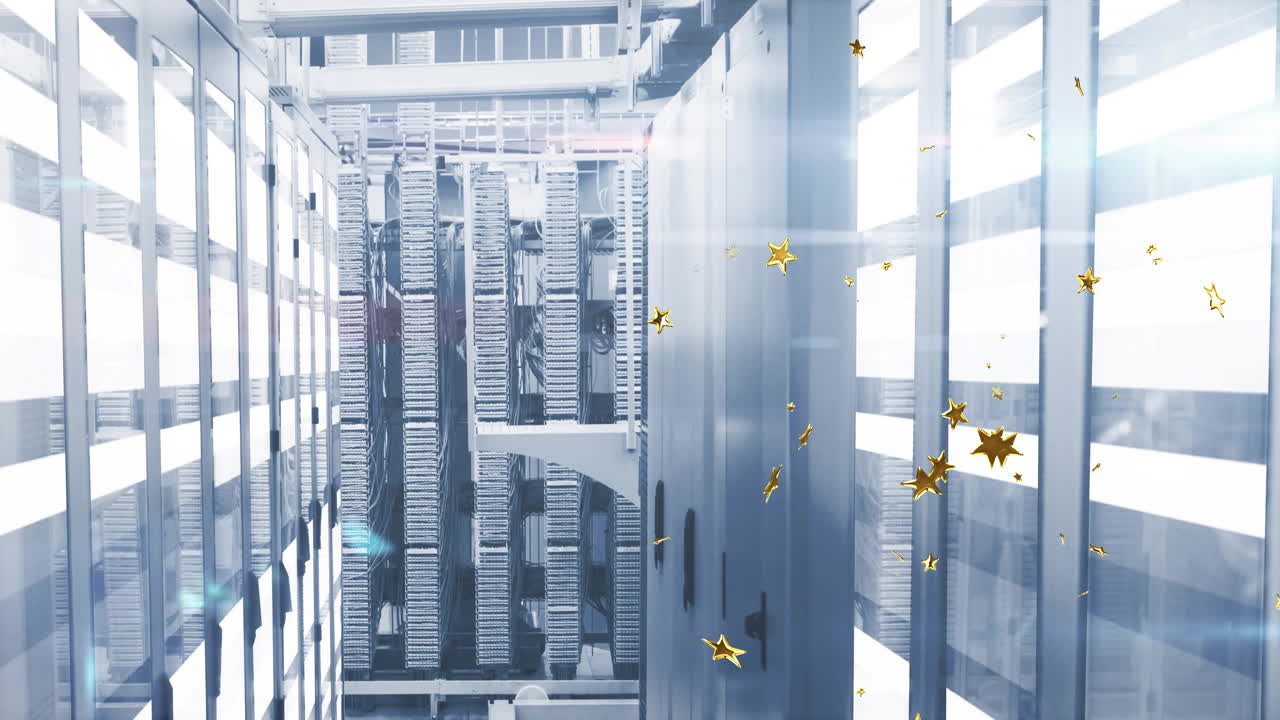 Data center aisle showcasing glass-fronted server racks with LED strips and floating gold stars