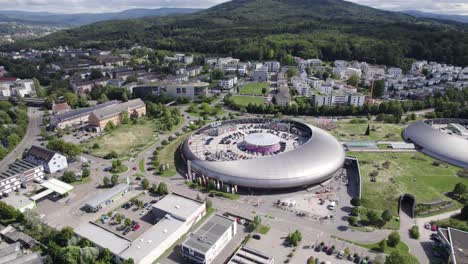 Aerial-arc-view-of-modern-and-stylish-Shopping-Cité-mall-in-Baden-Baden,-Germany