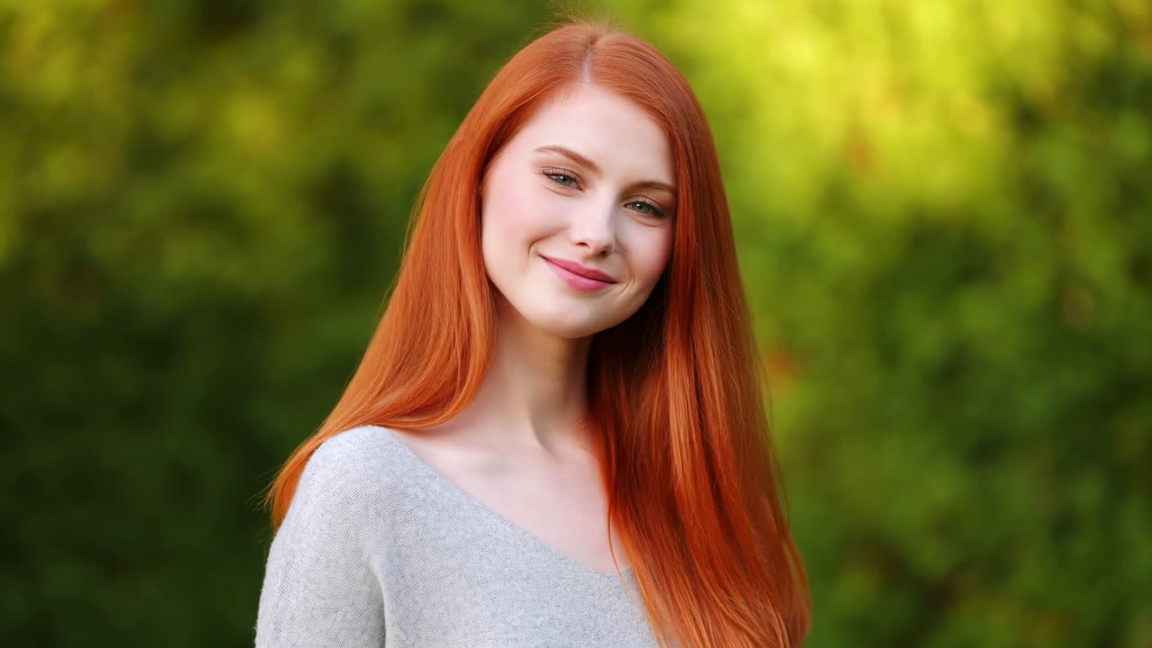 Ritratto di una giovane donna sorridente con i capelli rossi all'aperto