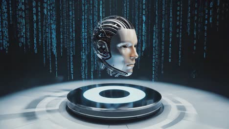robot head on digital podium with binary code background