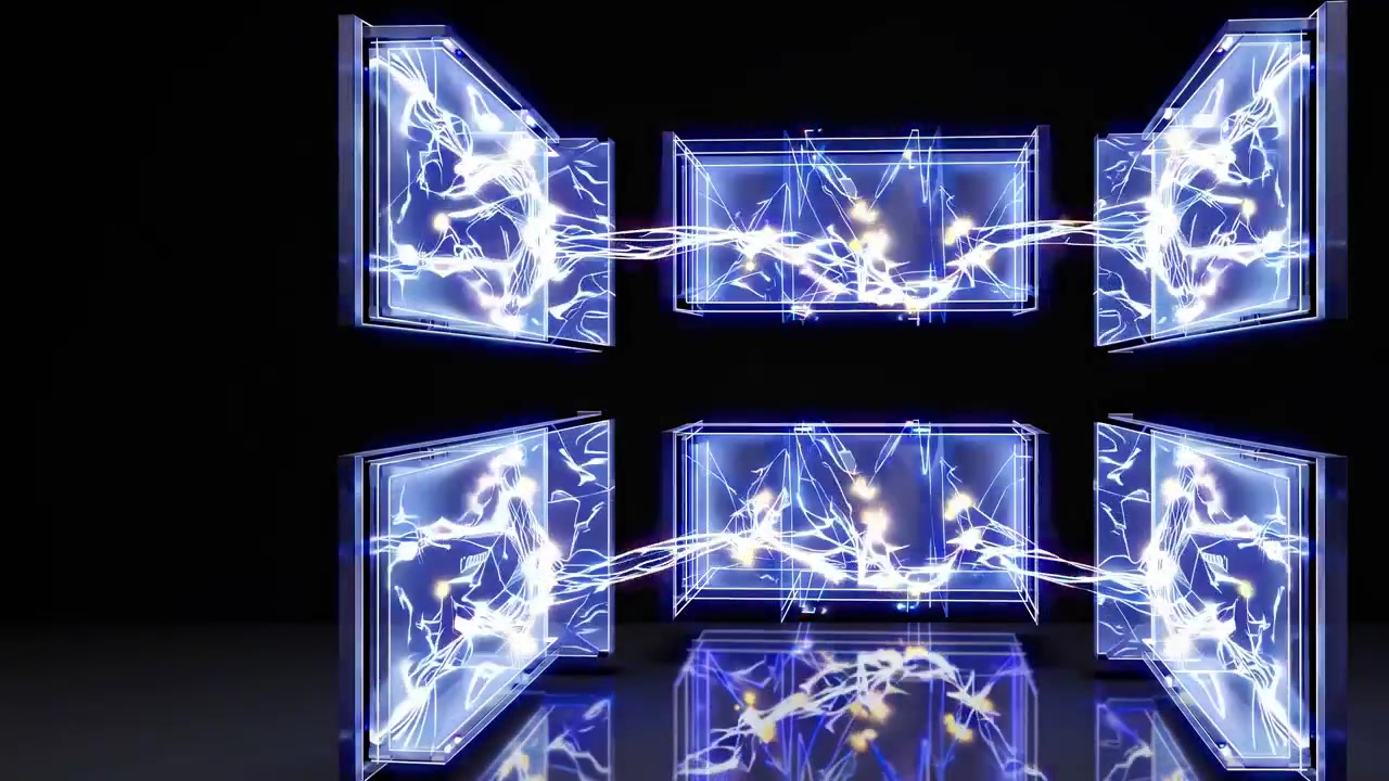 Linee astratte luminose e particelle che collegano più schermi digitali