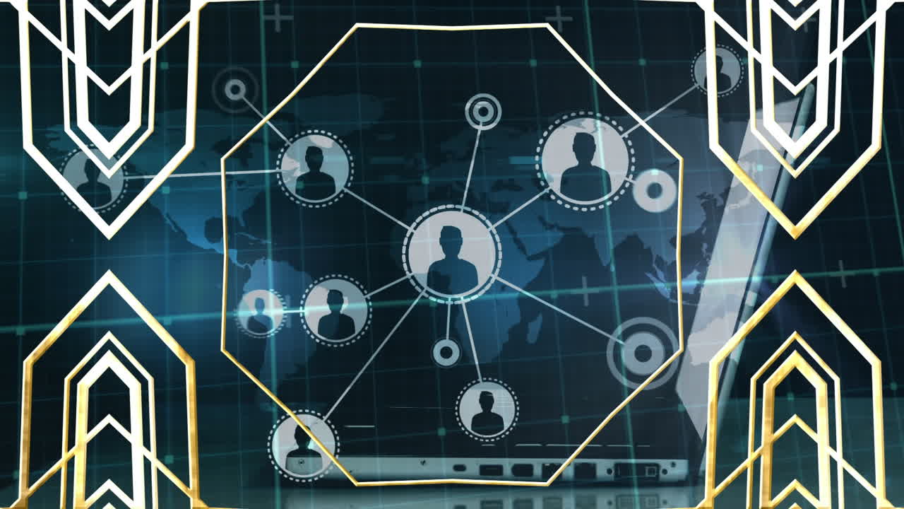 Animation of profile icons connected with lines, abstract shape and map over hands using laptop
