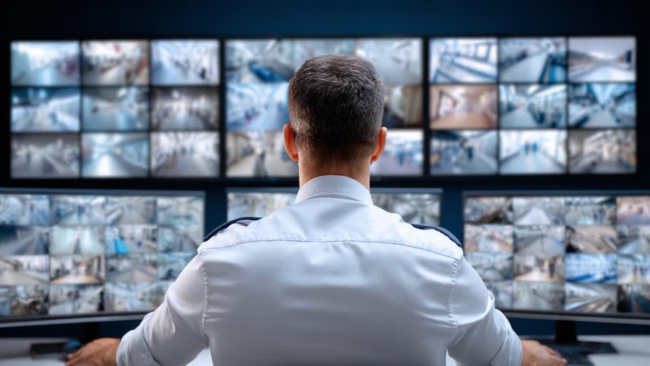 A Security Operator Monitors Multiple Surveillance Screens in a Control Room, Analyzing Various Camera Feeds for Activity and Ensuring Safety and Security