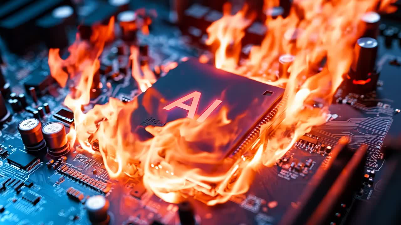 A computer motherboard on fire with the word AI on it
