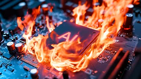 una placa base de computadora en llamas con la palabra ai en ella