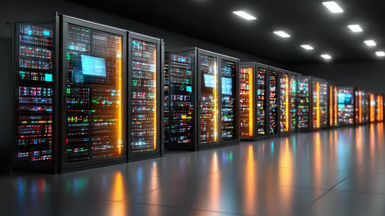 A High-Tech Data Center Featuring Rows of Illuminated Server Racks with Colorful LEDs, Symbolizing Modern Computing Power and Digital Infrastructure Efficiency