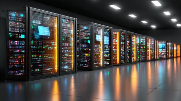 A High-Tech Data Center Featuring Rows of Illuminated Server Racks with Colorful LEDs, Symbolizing Modern Computing Power and Digital Infrastructure Efficiency