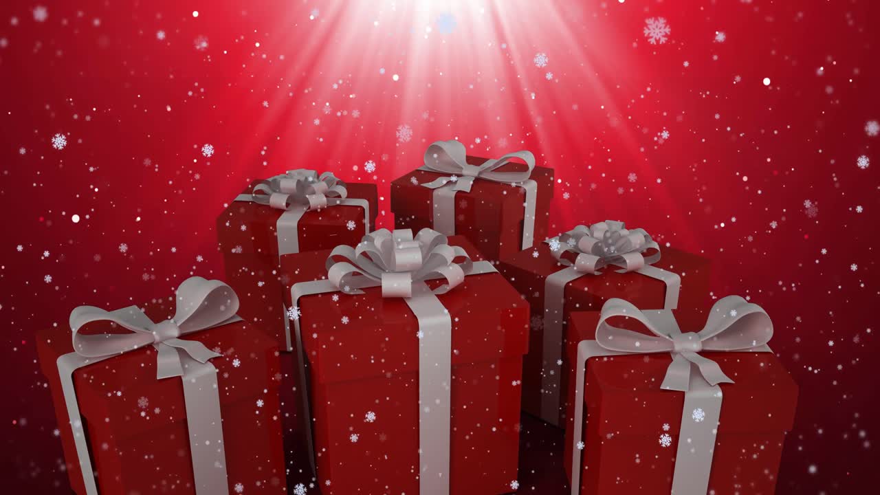 animación de regalos de navidad y nieve cayendo en el paisaje de invierno.