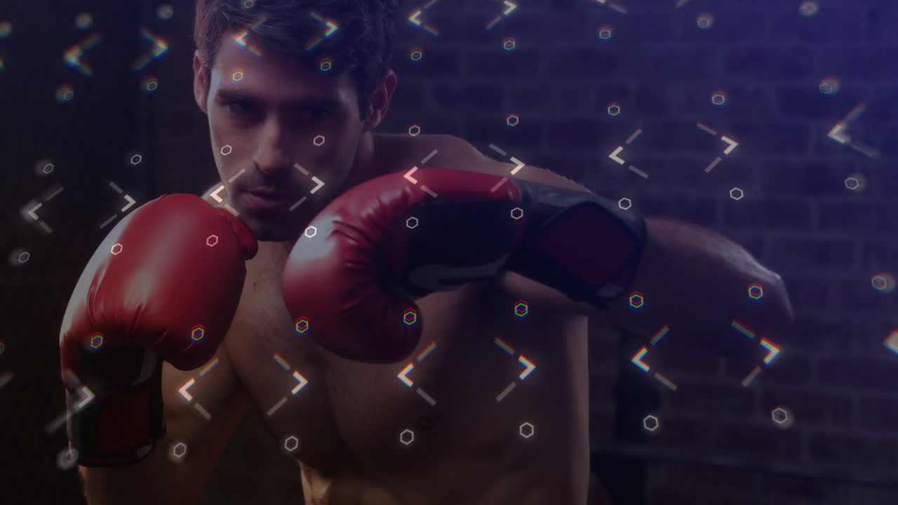 Boxer raising guard, throwing jabs, training with red gloves, overlay over torso, brick wall