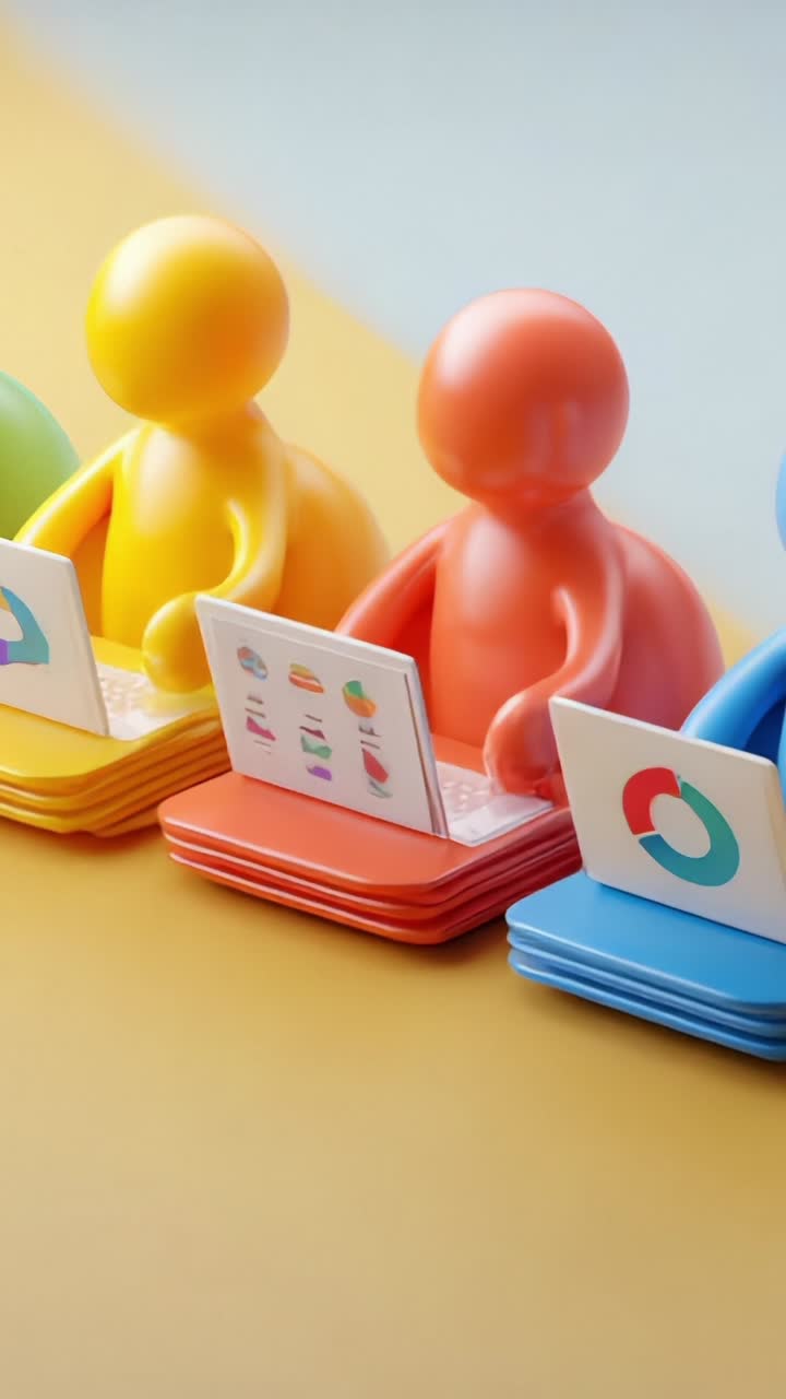 Colorful Figurines Engaged in Work on Laptops in a Bright and Playful Setting, Showcasing Connection, Collaboration, and Creative Ideas in a Fun Environment
