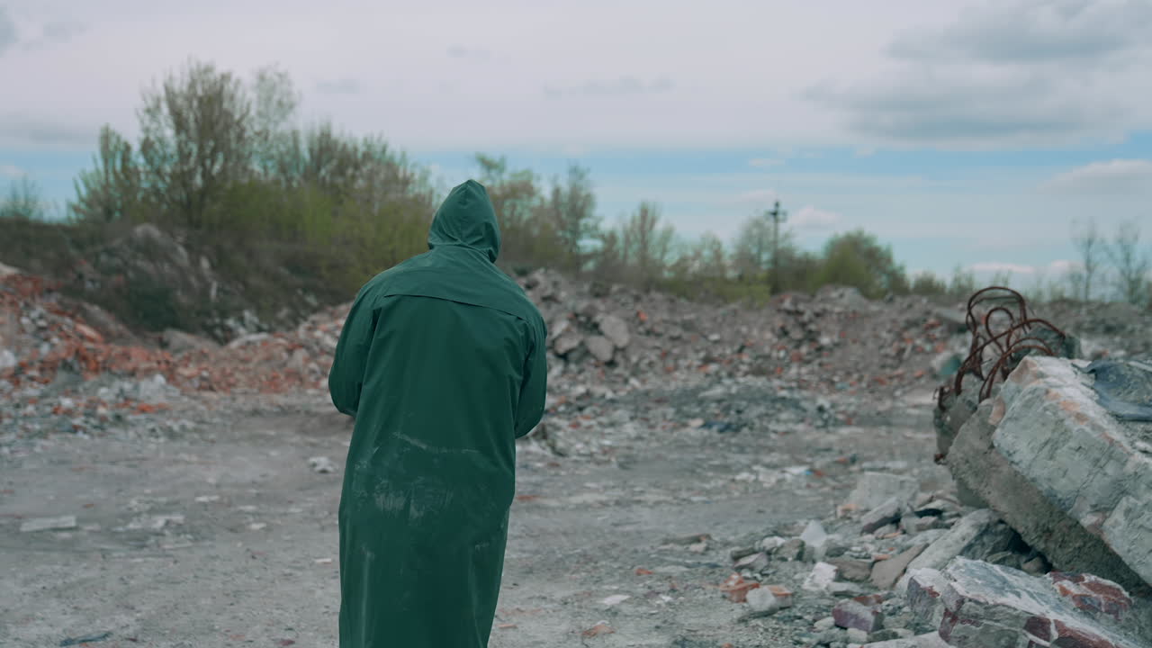 Virologist man in protective costume and respirator gas mask walking near landfill site pollution and looking at the scale of the disaster. Ecological disaster concept