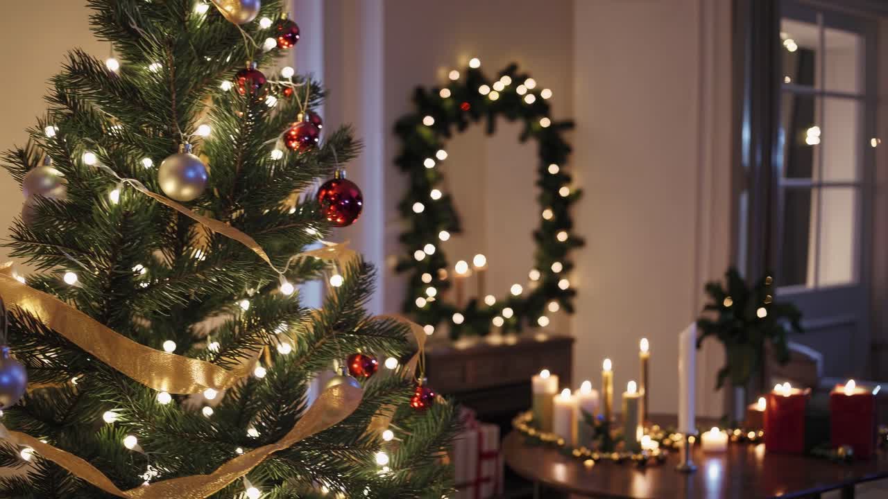 Cozy Christmas scene with a decorated tree in the foreground