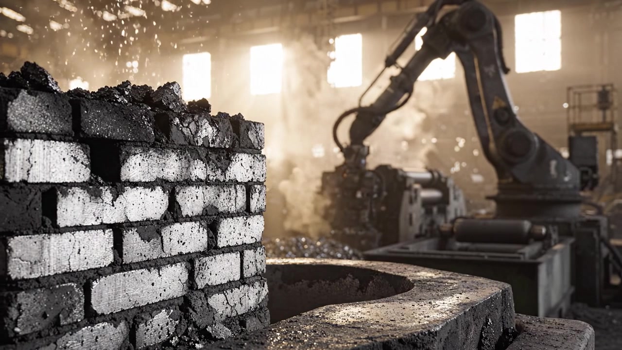Scène d'usine industrielle : bras robotique et structure en briques au milieu de cendres et d'étincelles dans un grand atelier avec éclairage spectaculaire et fond de machinerie.