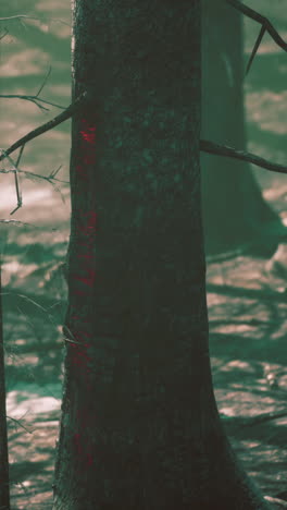 a lone tree trunk with a red line in a forest