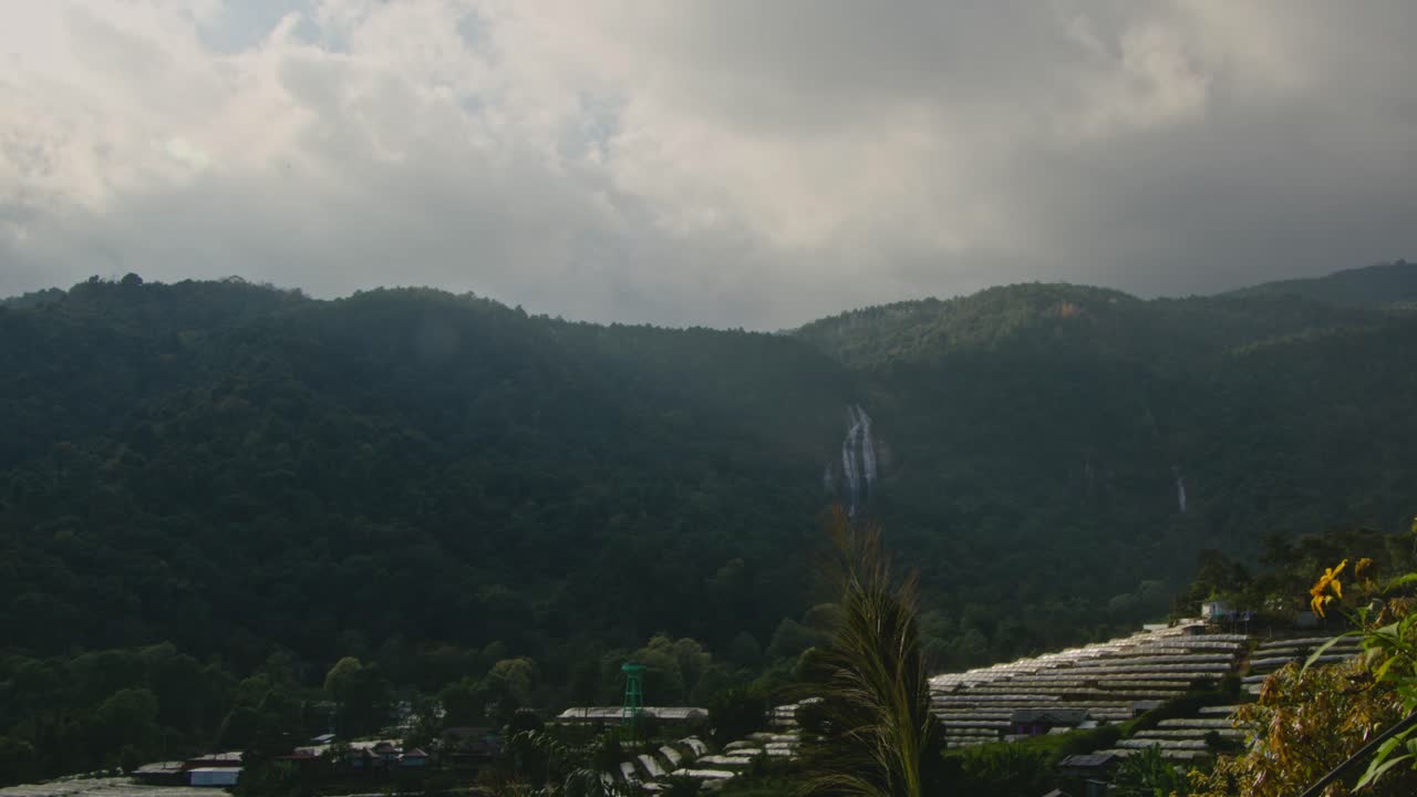 Mountain Landscape with Waterfall and Rice Terraces