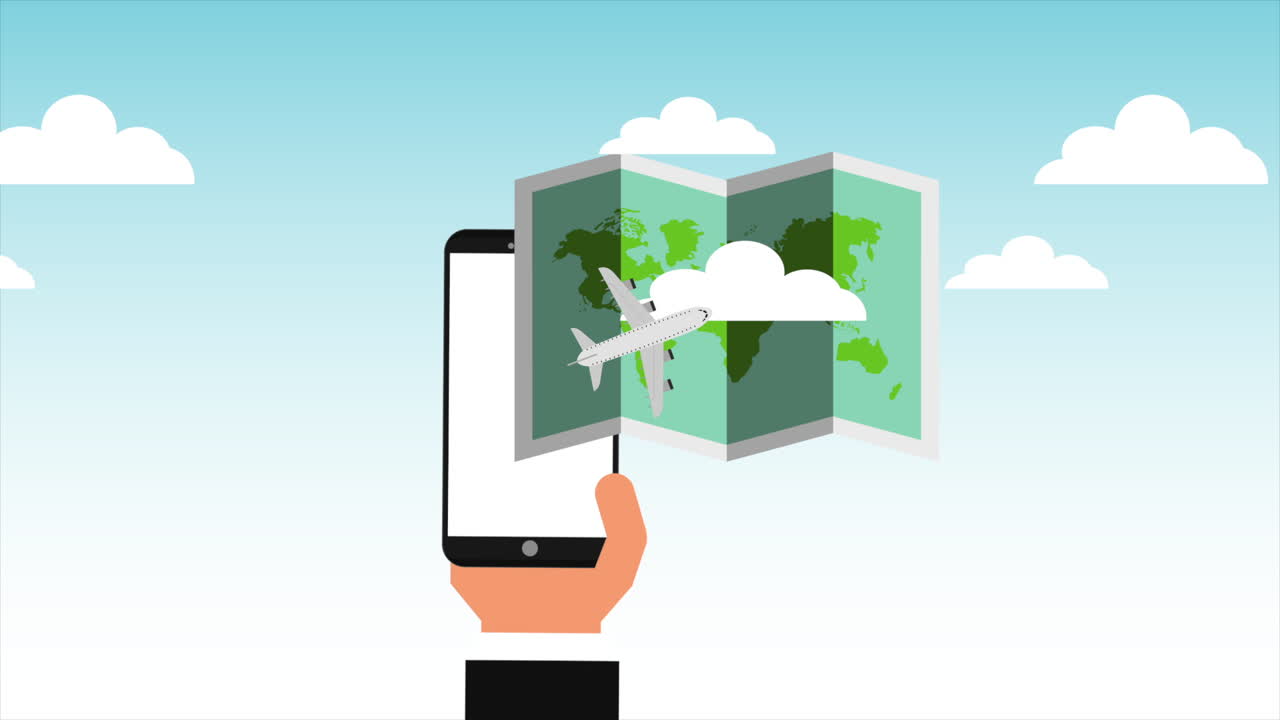 mano con teléfono inteligente y artículos de viaje animación
