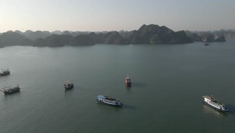 antena revela barcos turísticos y barcos de pesca amarrados en la bahía de ha long