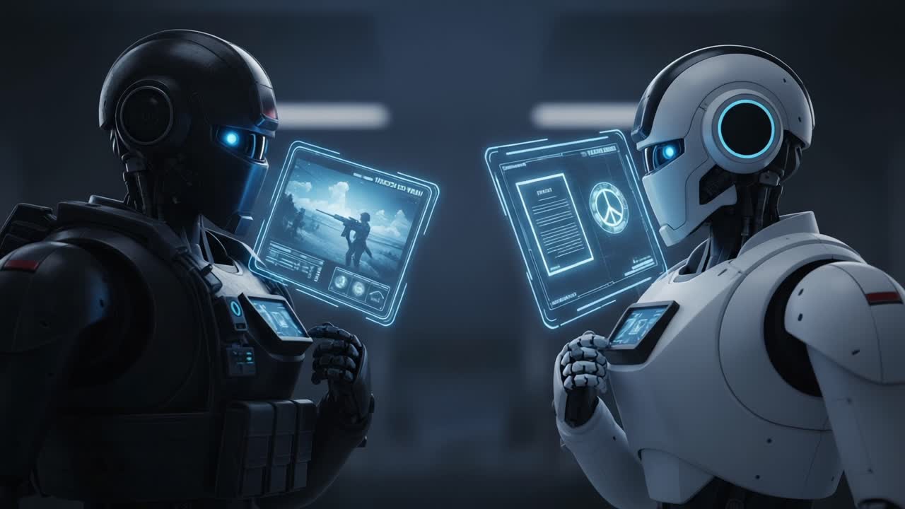 A Futuristic Encounter Between Two Advanced Robots Analyzing Data Displays in a High-Tech Environment, Reflecting Innovation and Communication in Robotics