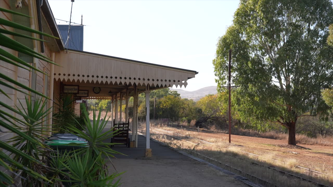 Mid wide shot looking east towards Gundagai railway station, New South Wales, Australia