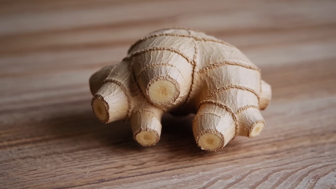 Radice di Zenzero Fresca su una Superficie di Legno Rustica