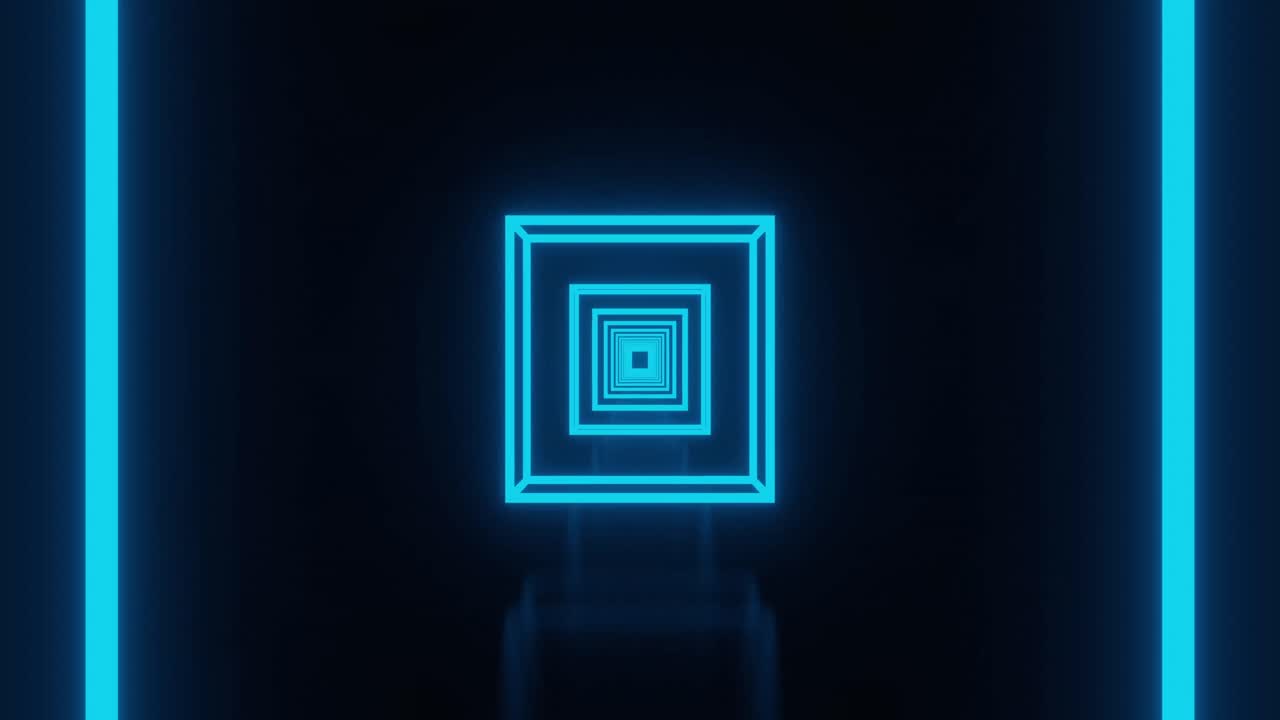 검은색 배경에 끊임없는 루프로 움직이는 반 ⁇ 이는 네온 파란색 사각형의 애니메이션