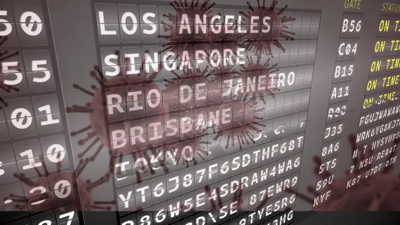 tabla de salida del aeropuerto contra múltiples células de covid-19 flotando en fondo gris