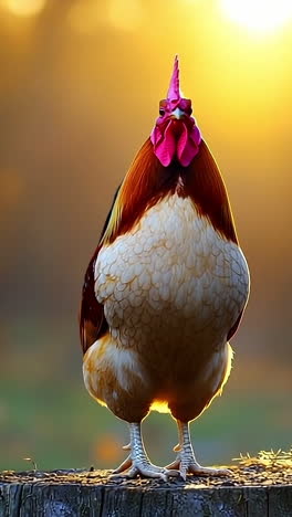 proud rooster at sunrise. a colorful rooster perches on a wooden stump as the sun rises, surrounded by a serene natural setting.