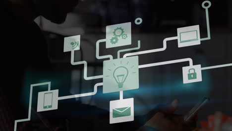 Animation of network of connections with icons over man using smartphone