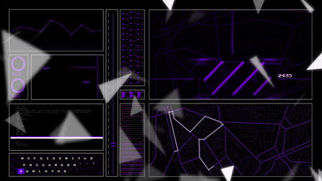 geometric shapes and data charts animation over digital interface with purple highlights