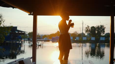 Silhouette-Eines-Mädchens,-Das-Bei-Sonnenuntergang-Alkohol-Trinkt