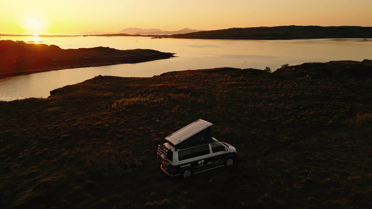 Sunset view from a camper van in Scotland
