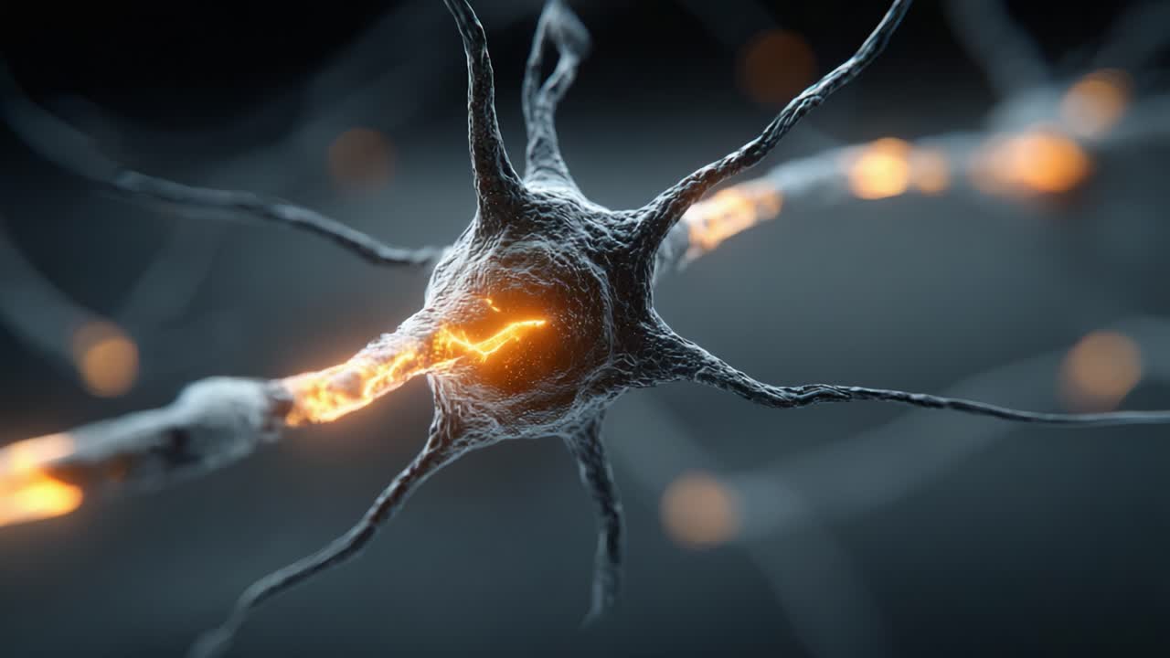 Detailed Visualization of a Neuron Firing with Electric Impulses, Showcasing the Intricate Structure and Functionality of Neural Activity in Modern Neuroscience Study