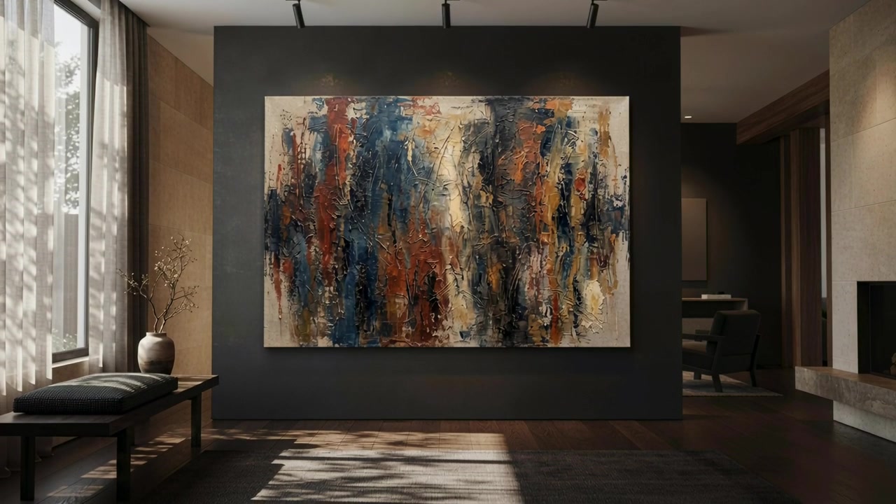 Luce solare che filtra dalla finestra sinistra di casa proietta ombre su un'opera d'arte astratta mentre il sole si muove.