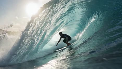 a surfer masterfully navigating the dynamics of a towering wave, captured in stunning detail as water crashes and splashes around him
