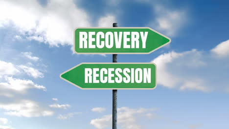 animated signs for "recovery" and "recession" point opposite ways against a dynamic sky.