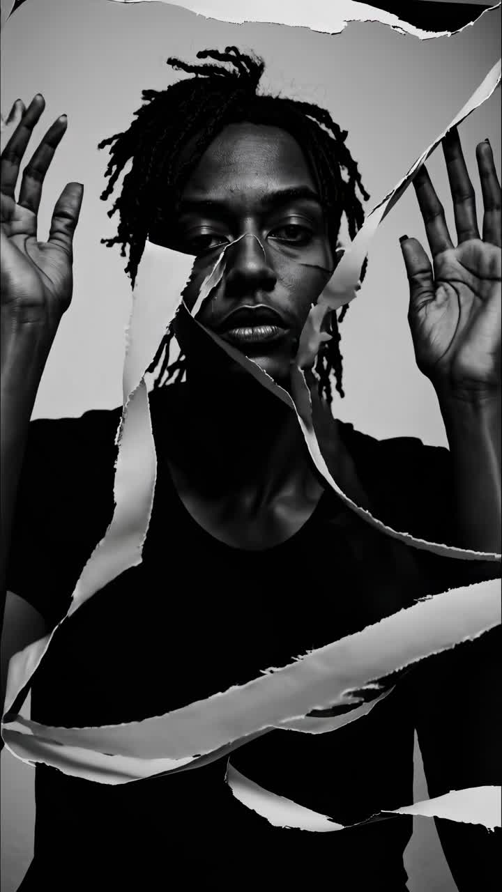 Black and white portrait revealing model wearing dreadlocks emerging through ripped paper, conveying fractured identity and enigmatic artistic narrative