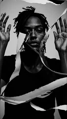 black and white portrait revealing model wearing dreadlocks emerging through ripped paper, conveying fractured identity and enigmatic artistic narrative