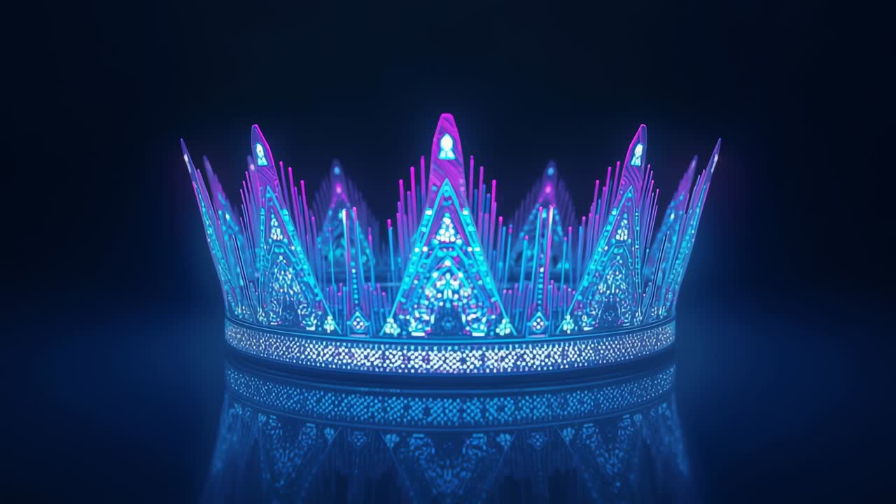 Void brightening to reveal crystal crown on reflective floor in studio void, with rising neon bars