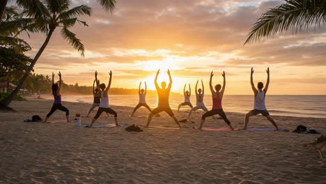 a serene group of yogis practicing yoga poses at sunrise on a sandy beach with palm trees and a beautiful ocean view