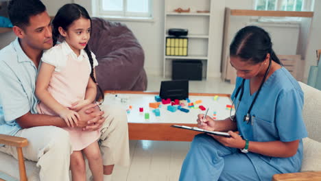 girl, dad and doctor with talking