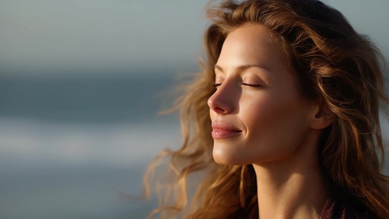 Una donna calma e serena che si gode la spiaggia al tramonto con gli occhi chiusi, abbracciando la tranquillità e la pace nello splendido ambiente naturale